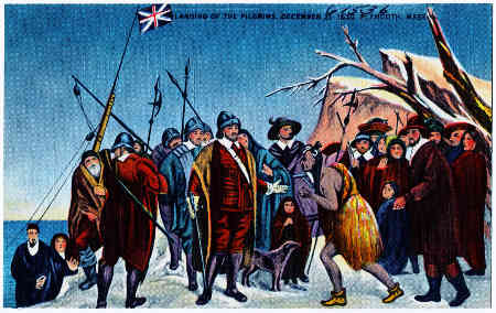 The Pilgrims arrive from Plymouth England on the Mayflower Ship