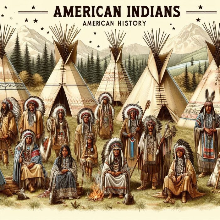 Native American Indians in front of Wigwams
